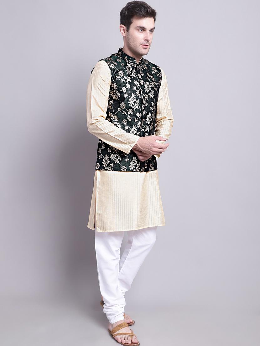 olive silk blend kurta pyjama with jacket ethnic wear set - 20002387 - Standard Image - 2