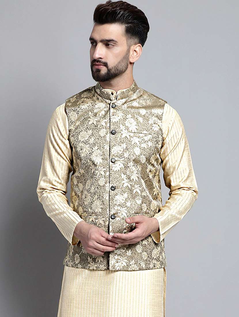 beige silk blend nehru jacket