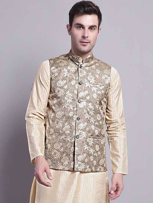 beige silk blend nehru jacket - 20002409 -  Standard Image - 0