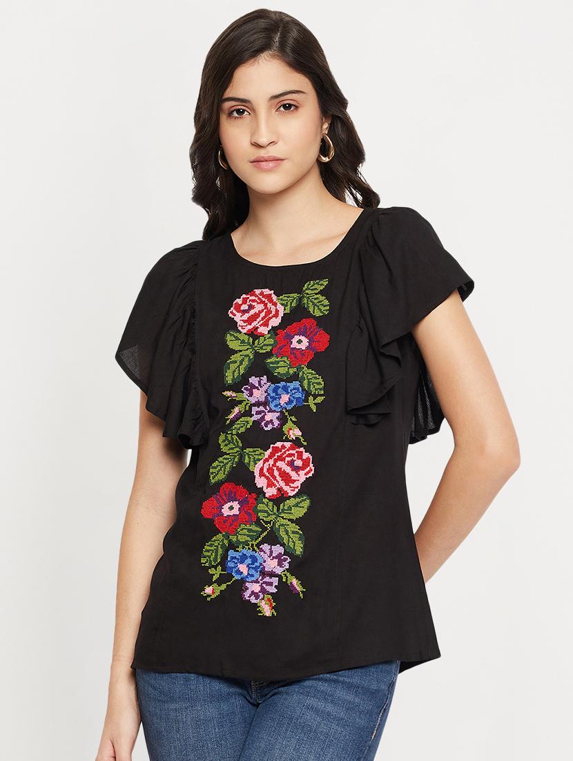 women's ruffle round neck top - 20005106 -  Zoom Image - 0