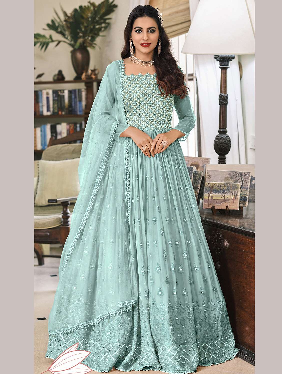 light blue embroidered anarkali semi-stitched suit set