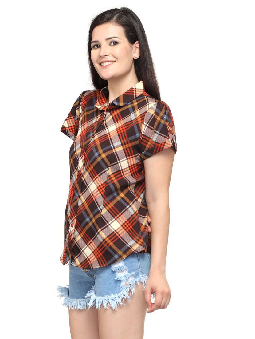 brown check print short sleeves regular shirt - 20007173 -  Standard Image - 2