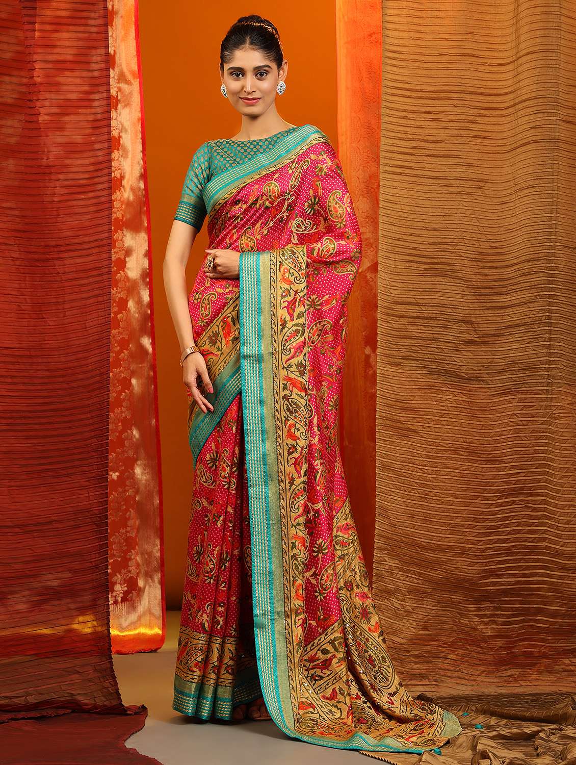 women's paisley pink colored saree with blouse