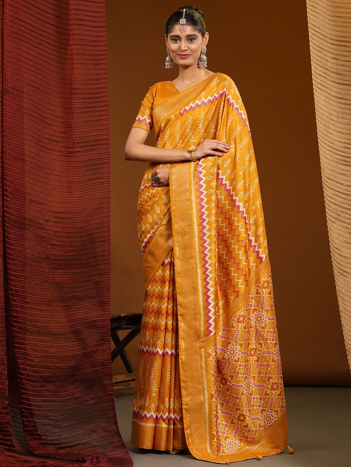 women's printed yellow colored saree with blouse