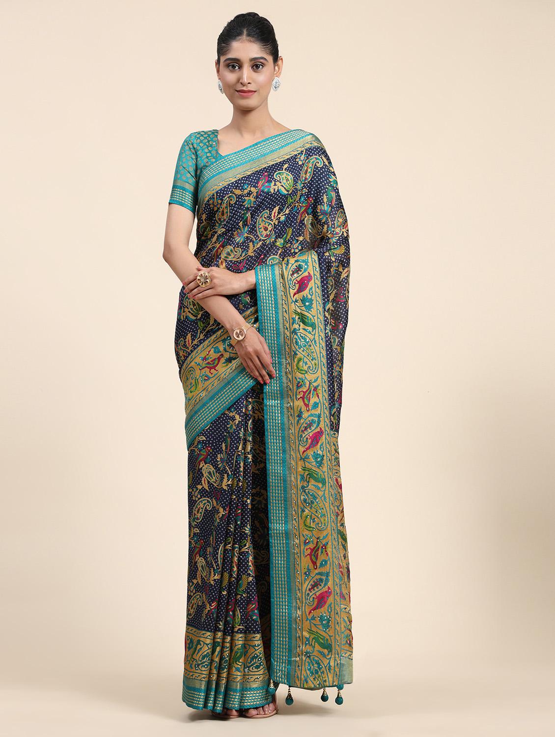 women's paisley navy blue colored saree with blouse - 20007473 - Standard Image - 2
