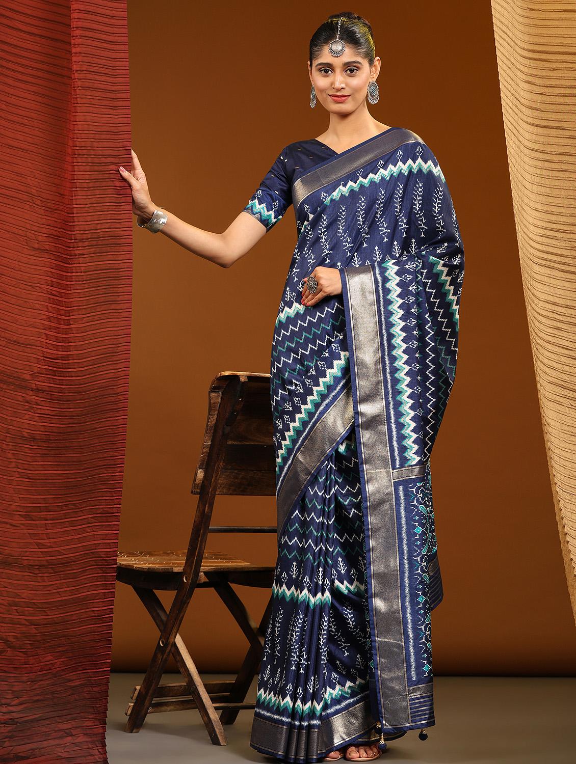 women's self design navy blue colored saree with blouse - 20007474 - Zoom Image - 0