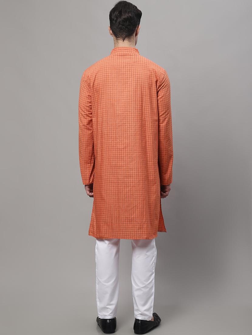 orange checkered printed long kurta - 20007593 - Standard Image - 2