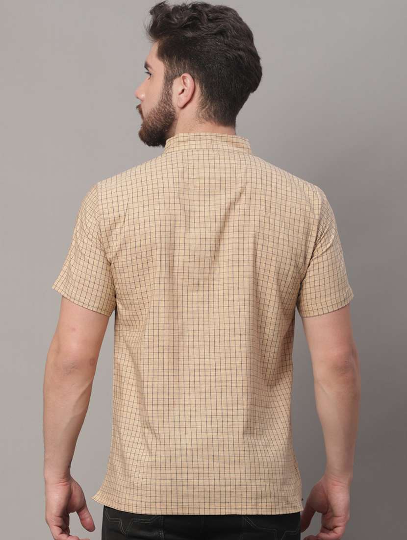 men beige checkered printed short kurta - 20007598 -  Standard Image - 2