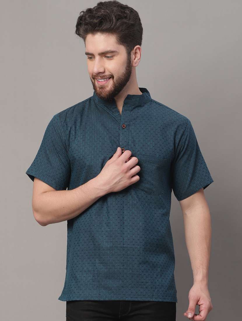 men blue printed short kurta