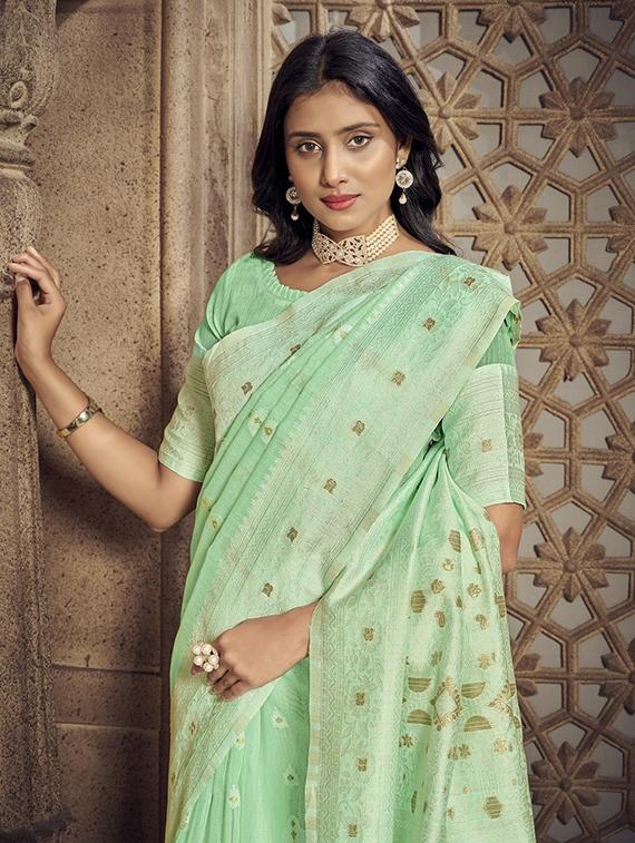 light green cotton blend saree with blouse - 20008118 - Standard Image - 2