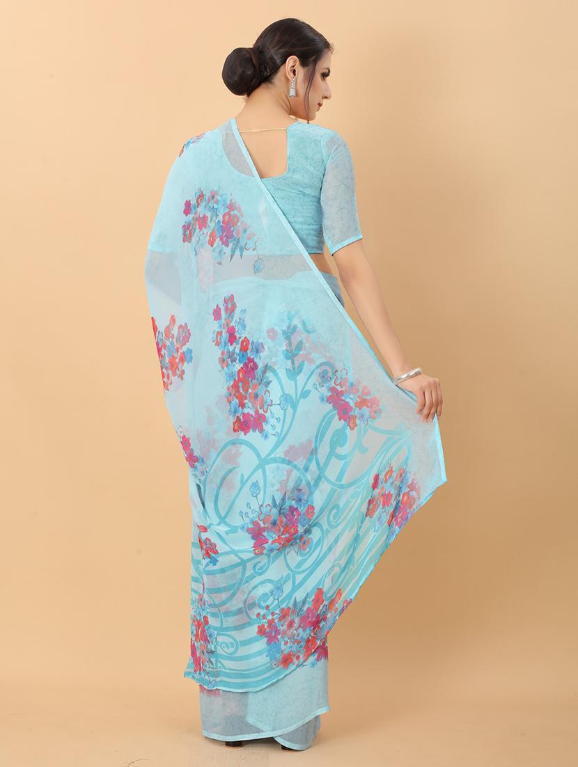 blue floral printed saree with blouse - 20008169 - Standard Image - 2