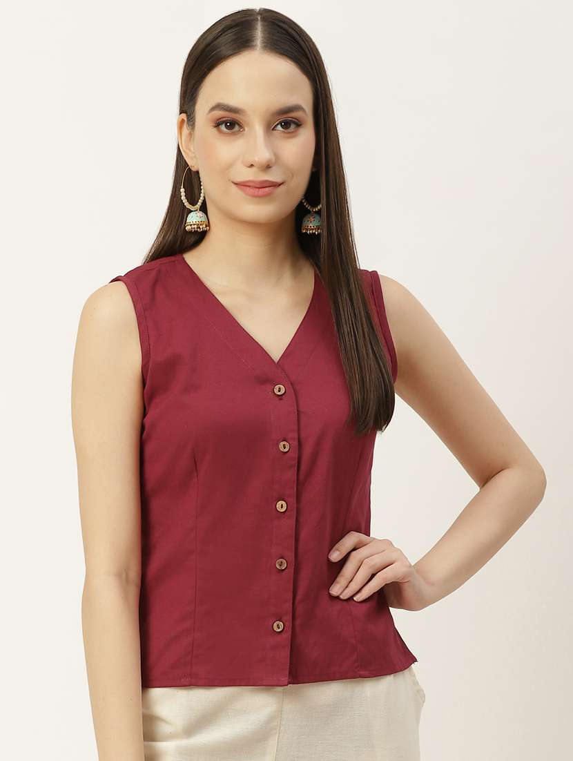 women maroon v-neck blouse
