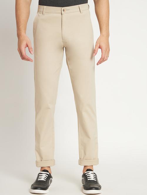 beige cotton flat front casual trousers - 20009705 -  Standard Image - 0