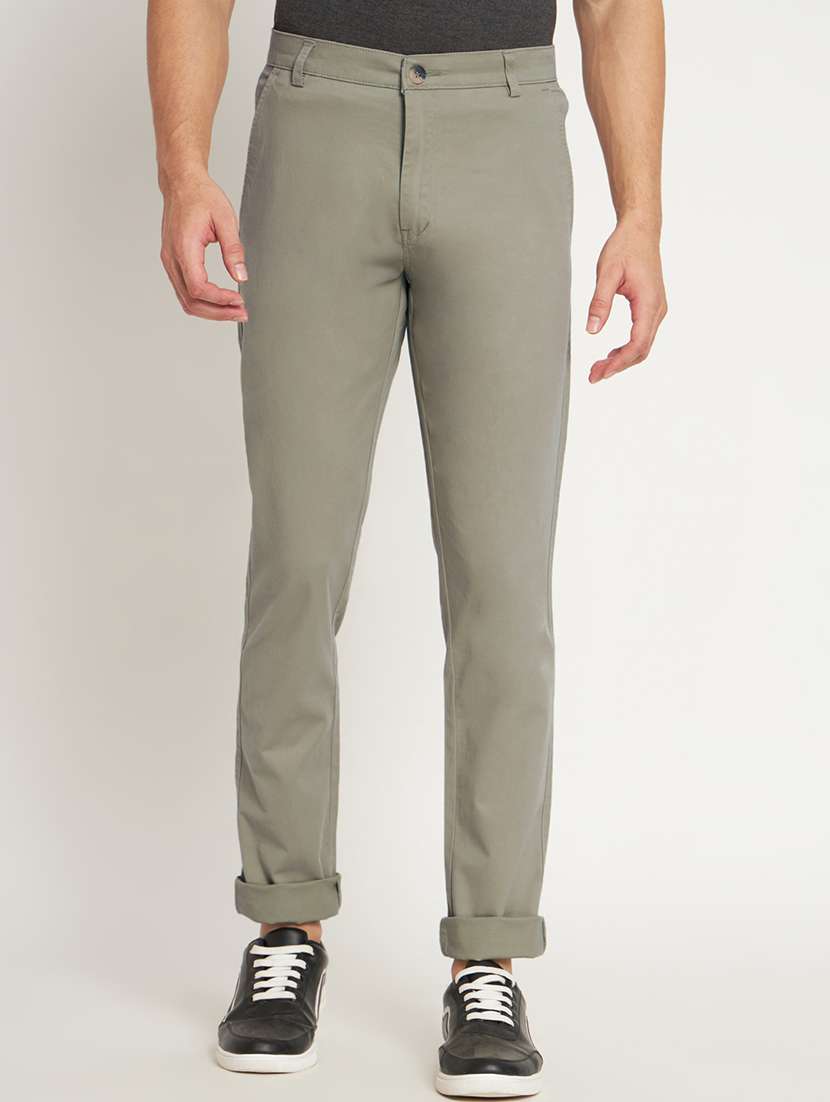 green cotton flat front casual trousers - 20009711 - Zoom Image - 0