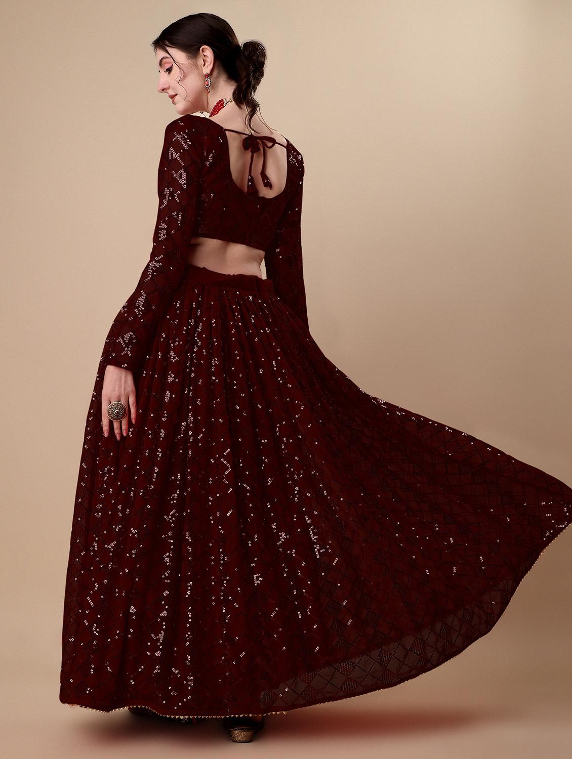 brown self design semi-stitched flared lehenga - 20009736 - Standard Image - 2