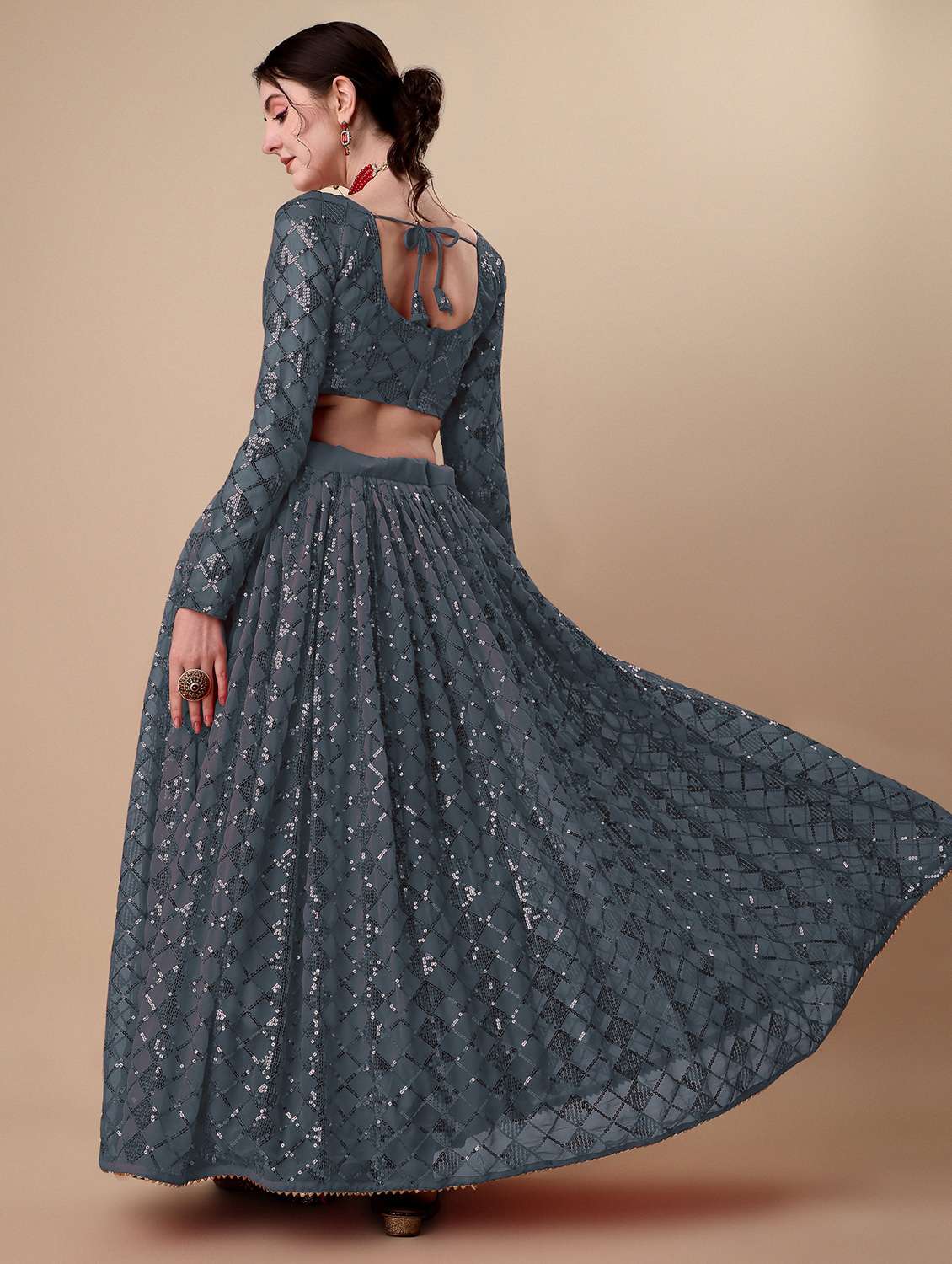 grey self design semi-stitched flared lehenga - 20009737 -  Standard Image - 2
