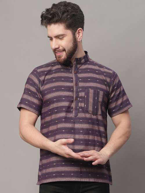 mandarin neck striped short kurta - 20009837 -  Standard Image - 0