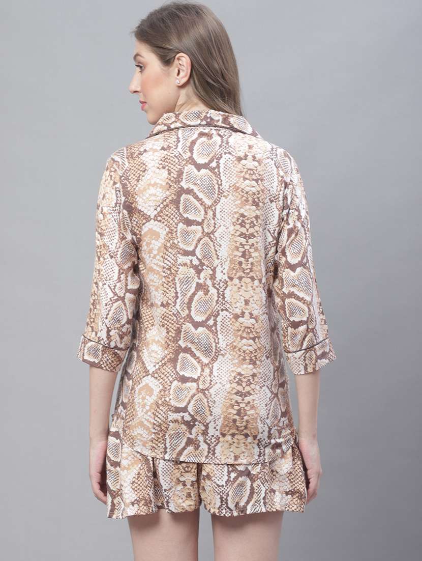 brown animal print three quater sleeves shorts set - 20010358 -  Standard Image - 2