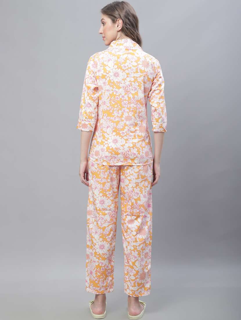 orange floral print three quater sleeves pyjama set   - 20010360 -  Standard Image - 2