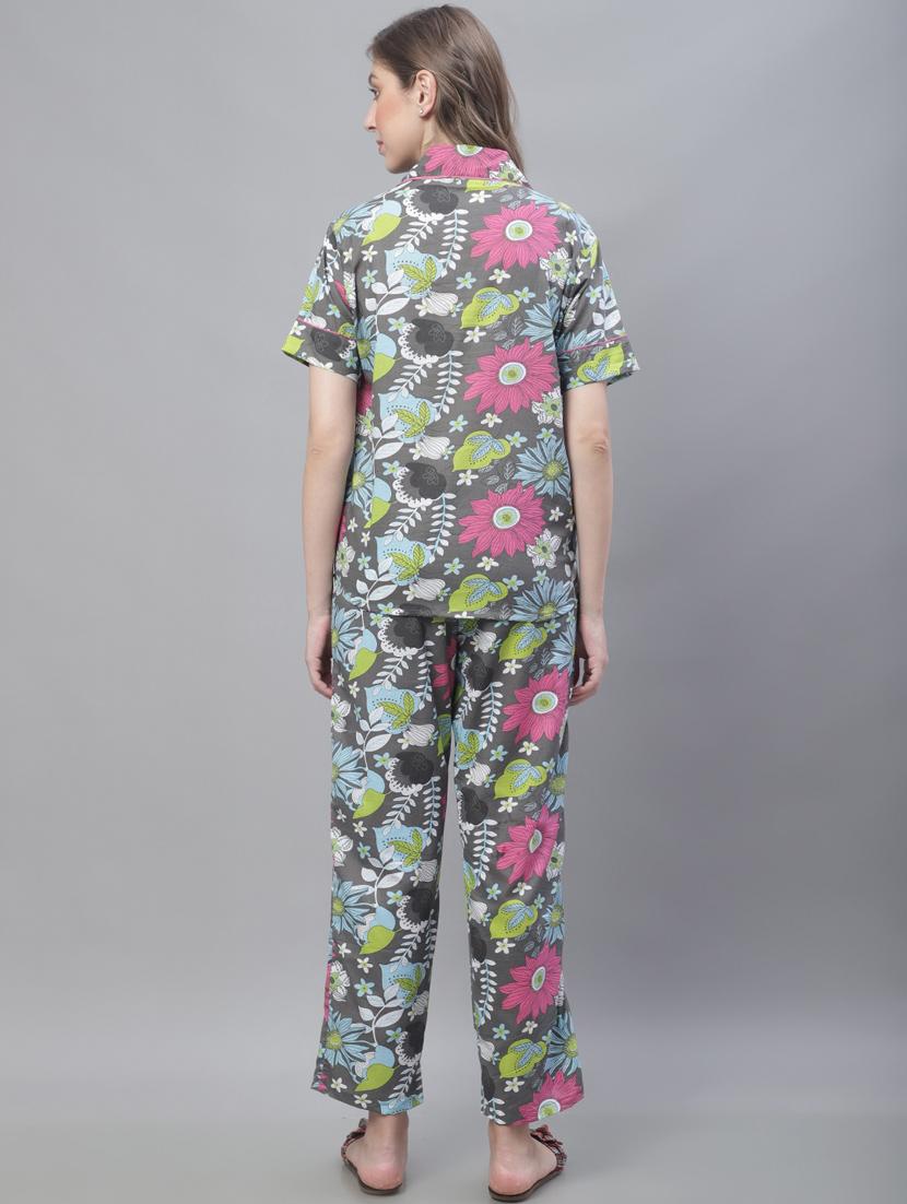 grey floral print short sleeves pyjama set - 20010361 - Standard Image - 2