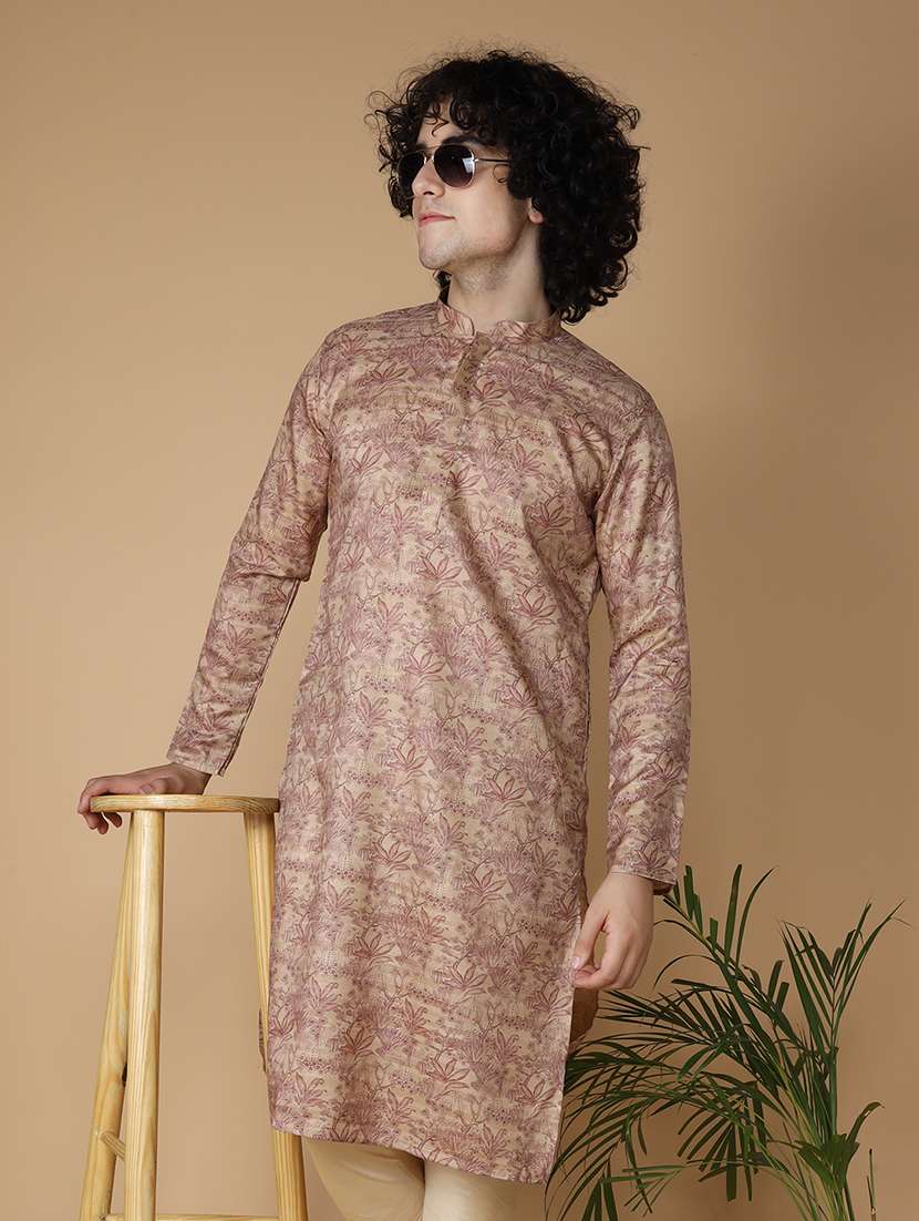men printed mandarin neck long kurta