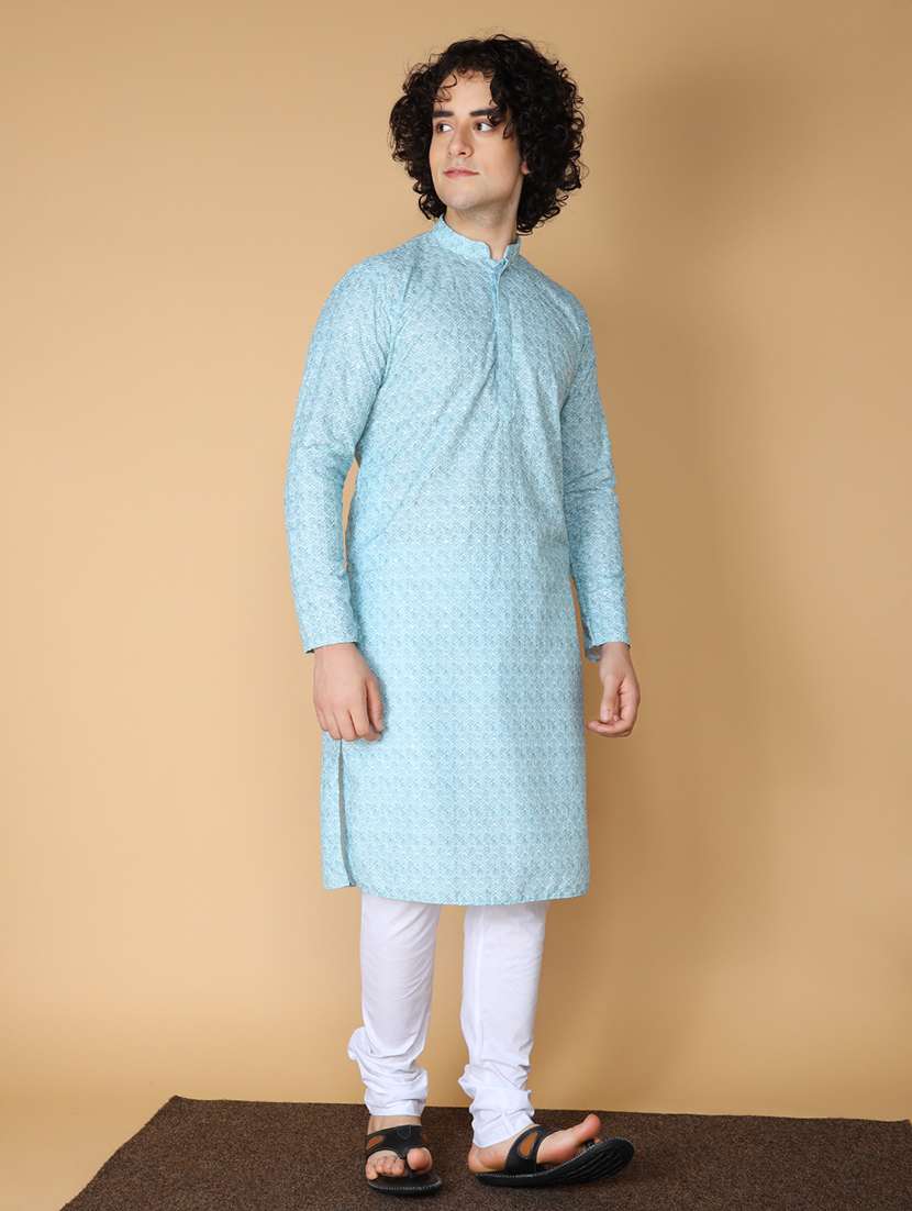 namaskar cotton full sleeve chikankari embroidery knee length sea green kurta for men - 20011651 - Standard Image - 2