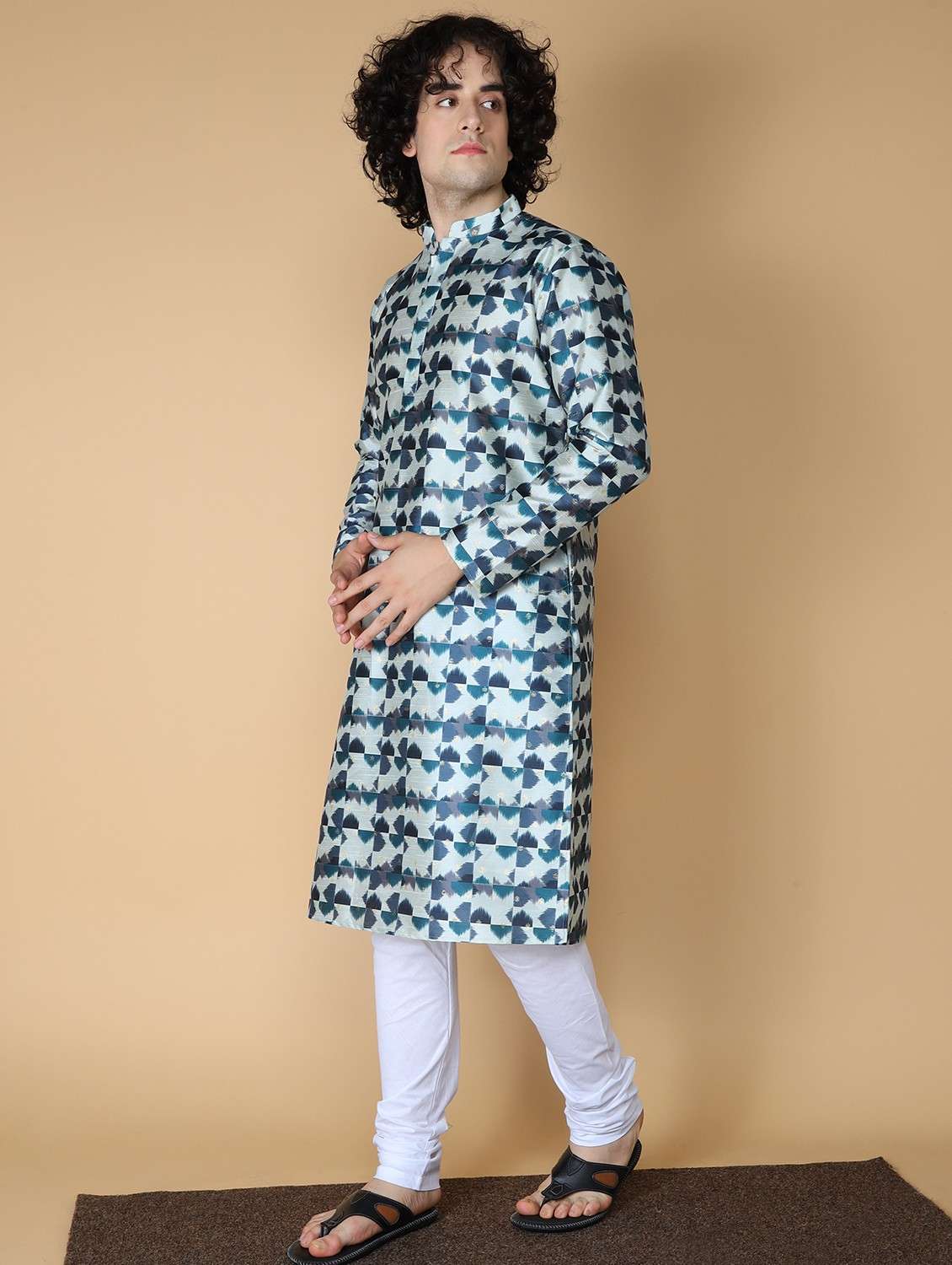 mandarin neck printed long kurta - 20011662 - Standard Image - 2