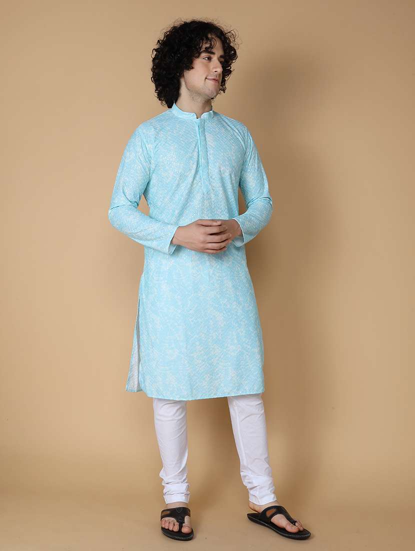 namaskar rayon cotton full sleeve chikankari embroidery knee length sky kurta for men - 20011670 - Standard Image - 2