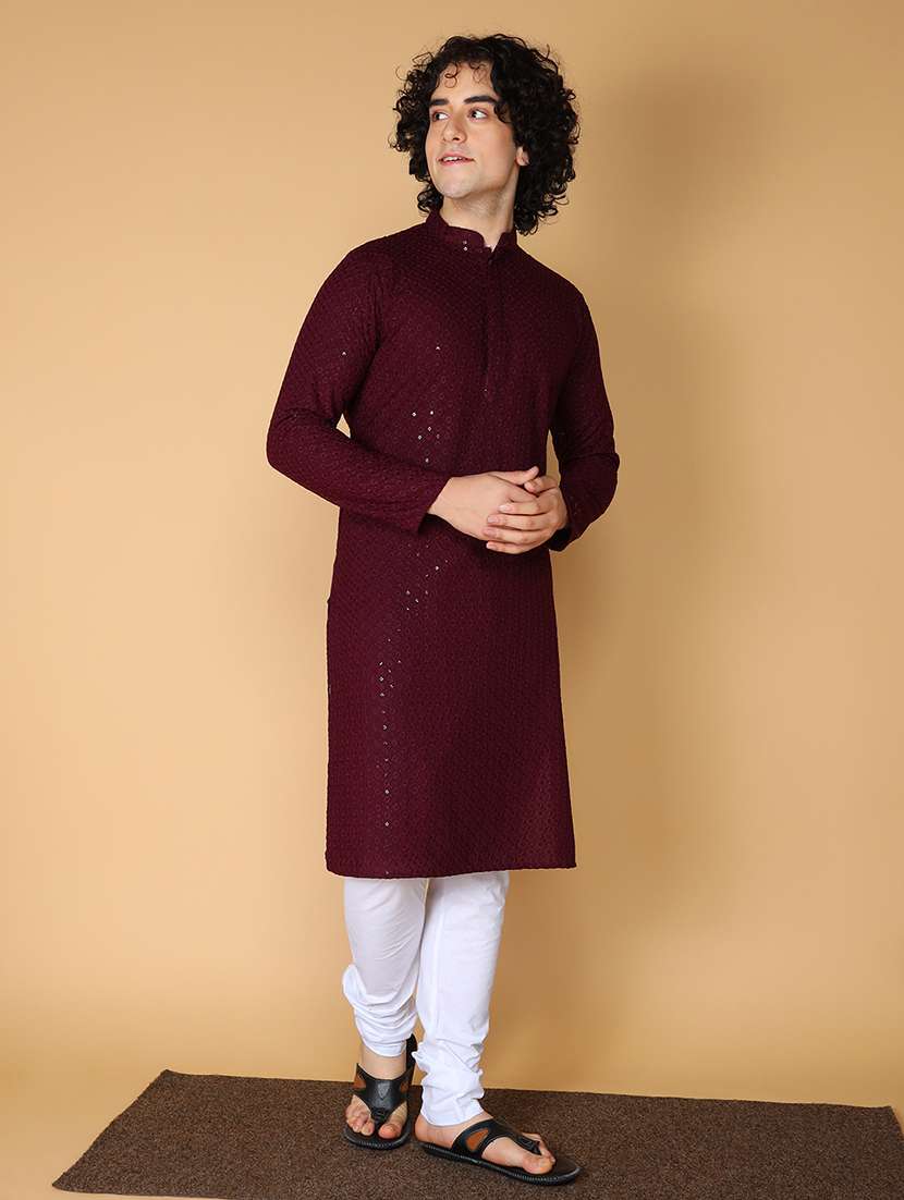 namaskar rayon cotton full sleeve chikankari self design knee length coffee kurta for men - 20011672 - Standard Image - 2