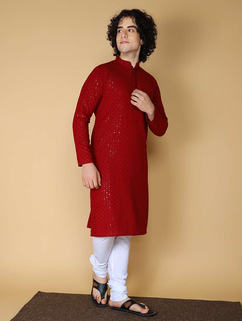 namaskar rayon cotton full sleeve chikankari self design knee length maroon kurta for men - 20011676 -  Standard Image - 2