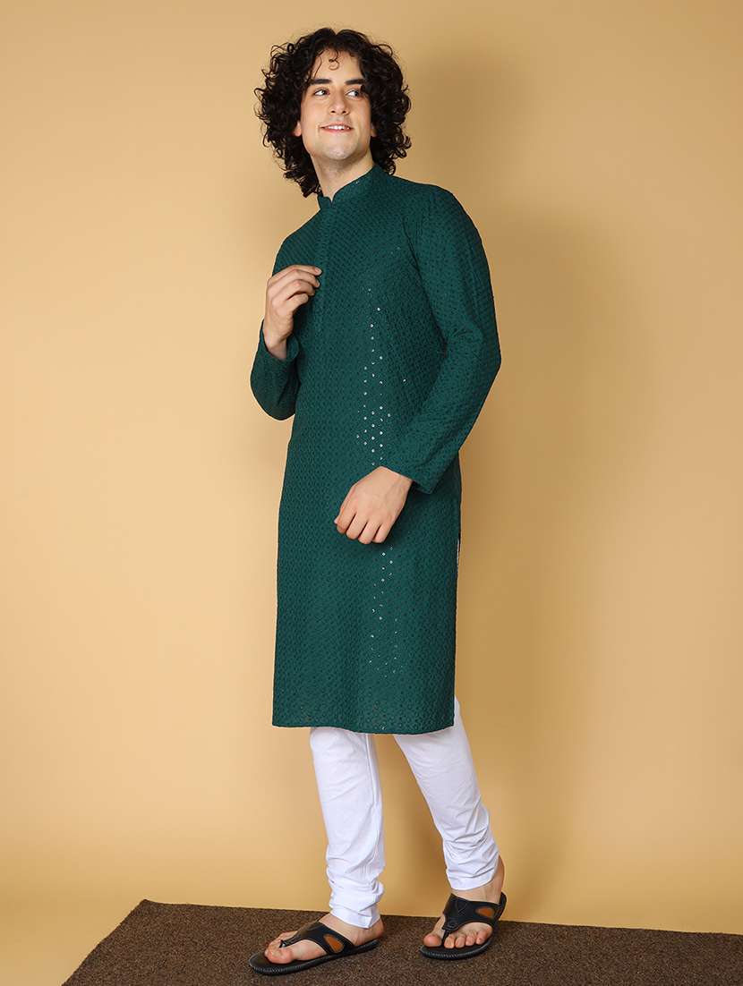 namaskar rayon cotton full sleeve chikankari self design knee length green kurta for men - 20011680 - Standard Image - 2