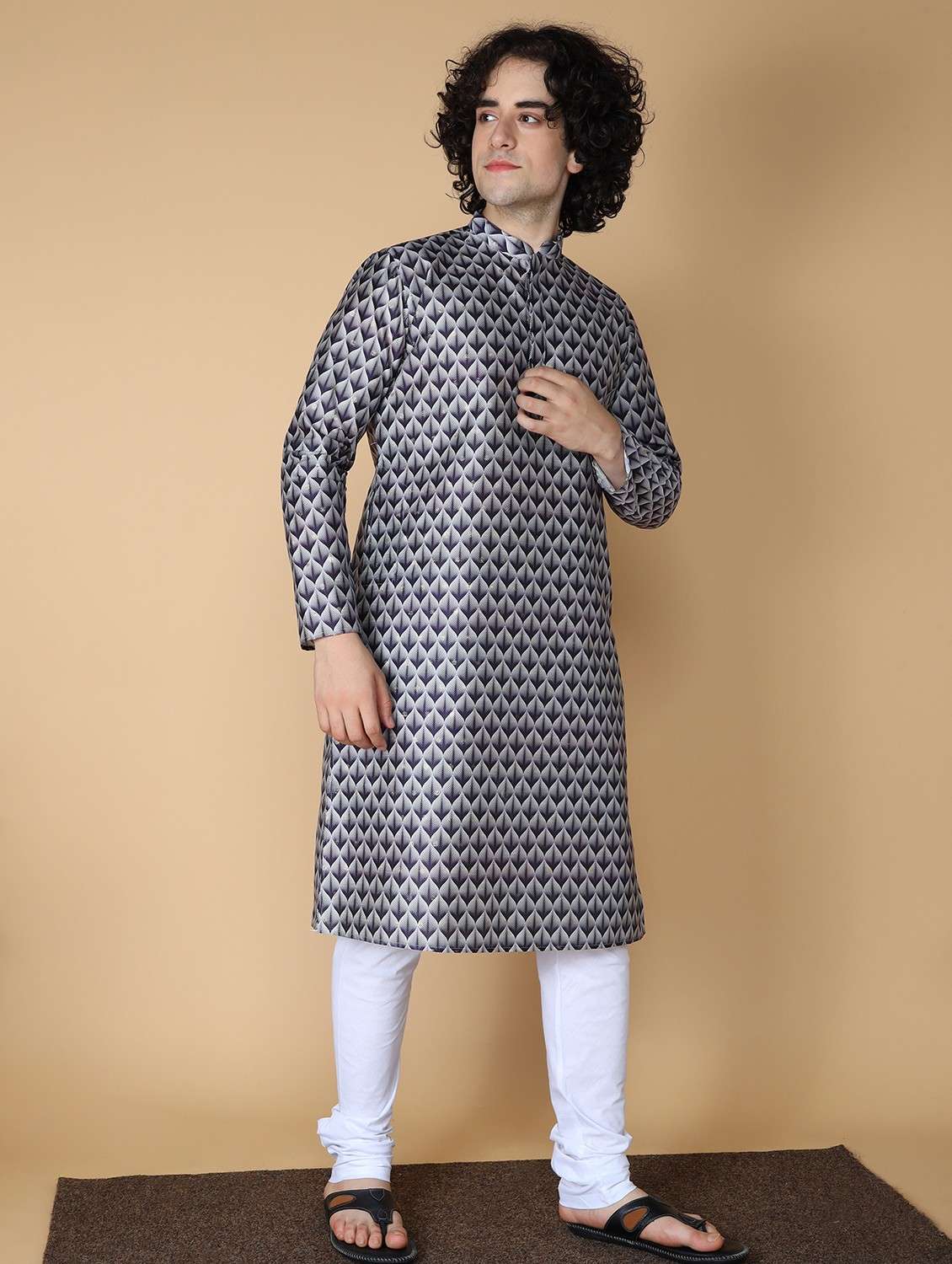 men printed kurta churidar ethnic wear set