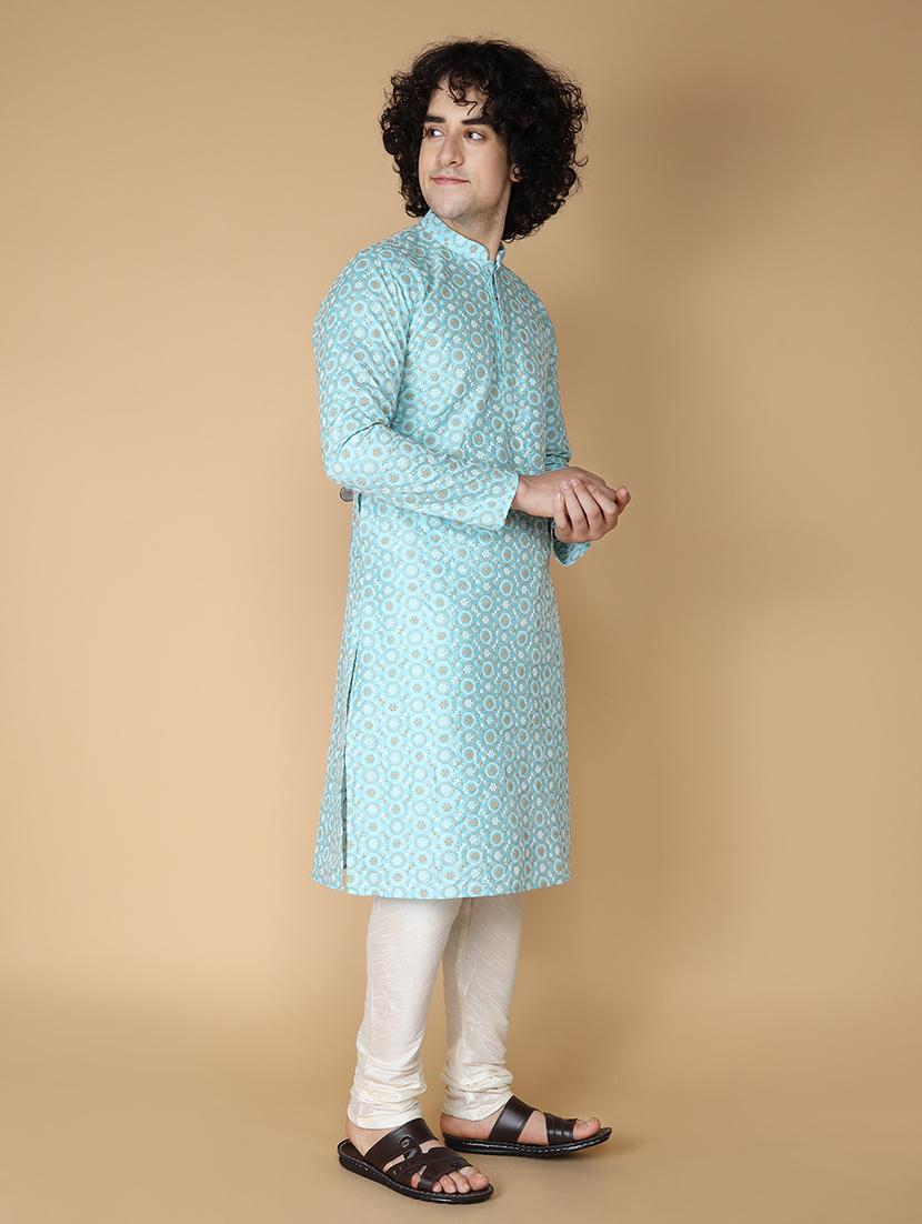 blue pure silk kurta pyjama ethnic wear set - 20011759 - Standard Image - 2