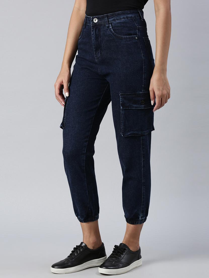 women plain blue cargos - 20011890 - Standard Image - 2