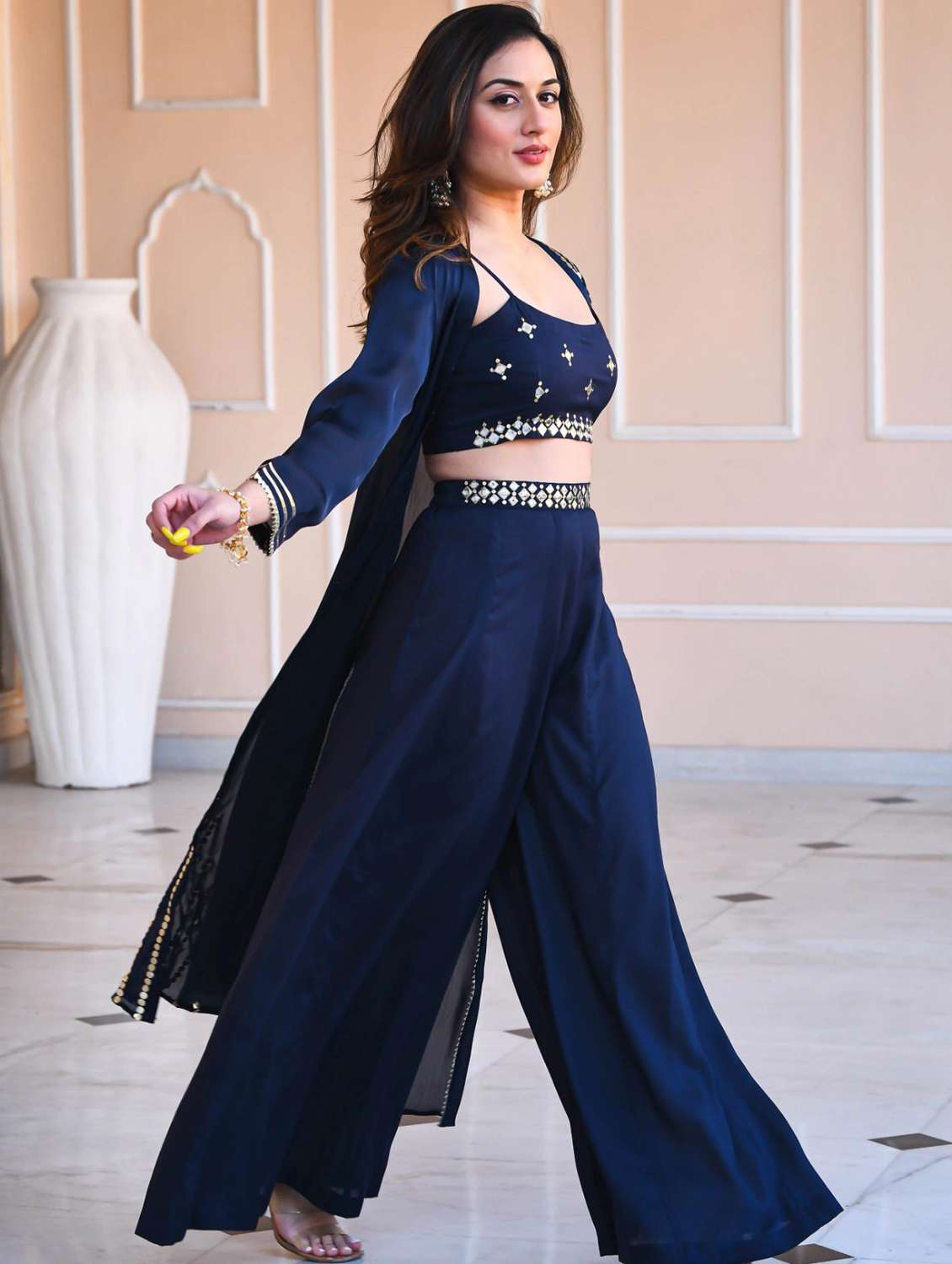 women navy blue embroidered fusion set - 20012508 - Standard Image - 2