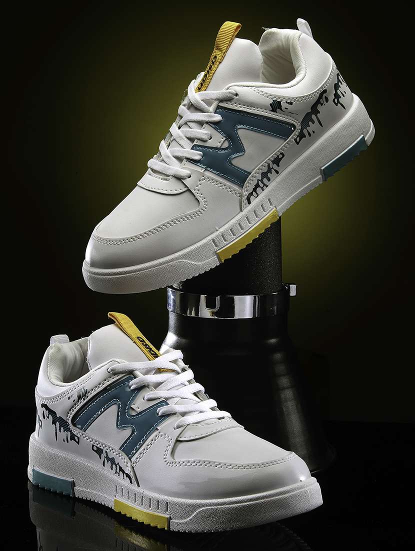 white synthetic lace up sneakers