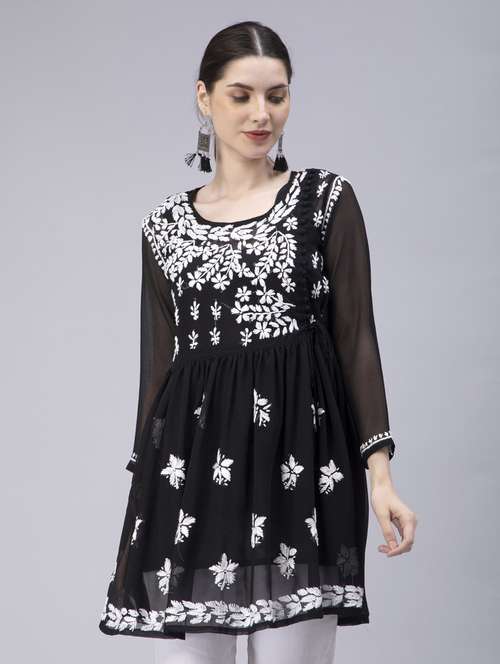 black round neck chikankari georgette short kurti - 20012905 -  Standard Image - 0