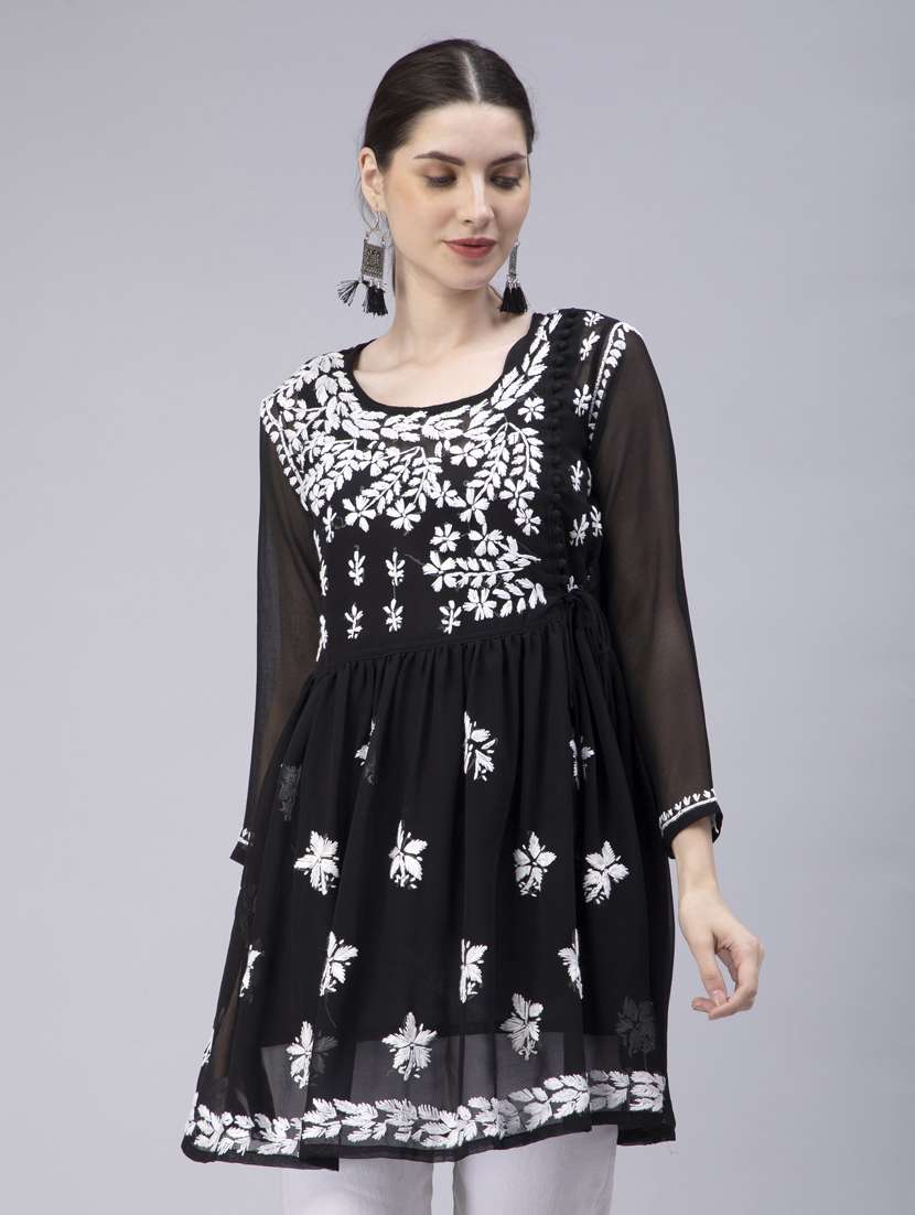 black round neck chikankari georgette short kurti - 20012905 -  Zoom Image - 0