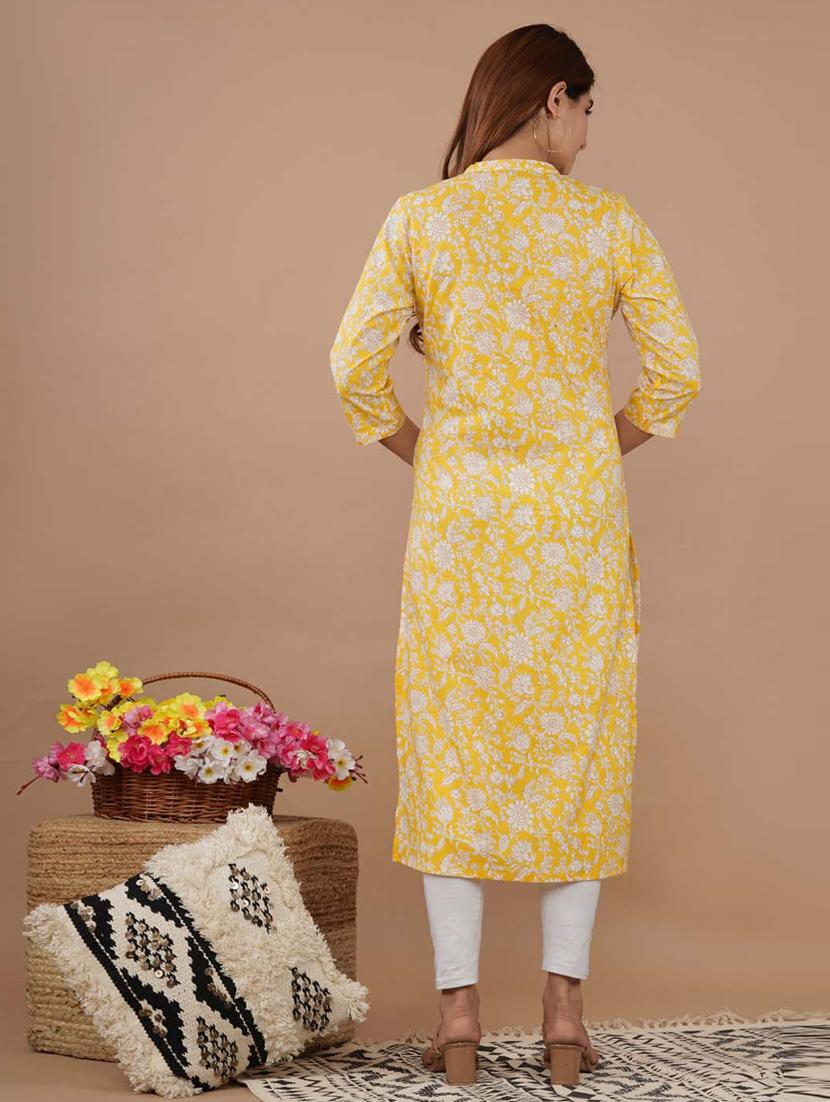 yellow cotton straight kurta - 20014402 - Standard Image - 2
