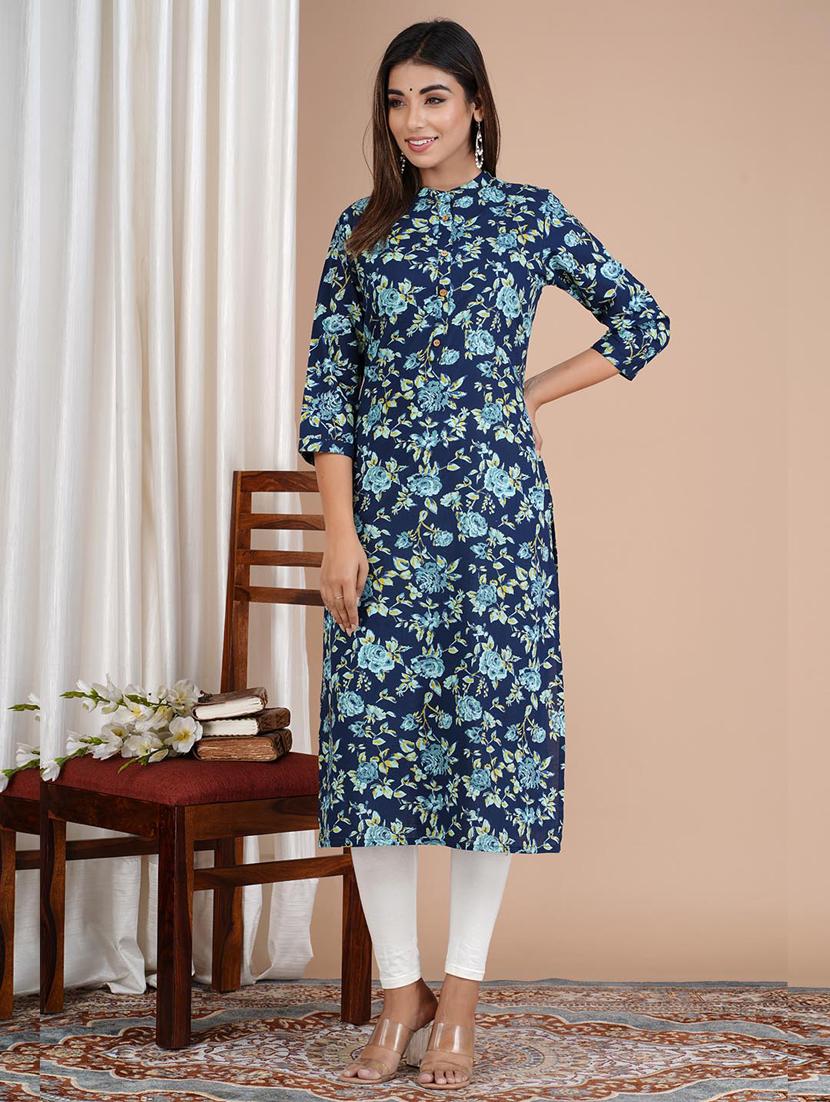 navy cotton straight kurta - 20014419 - Standard Image - 2