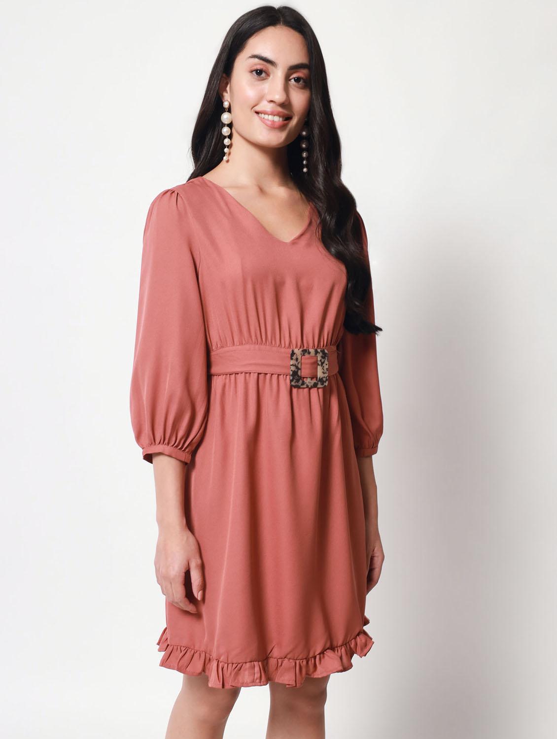 v-neck solid fit & flared mini dress - 20017607 - Standard Image - 2