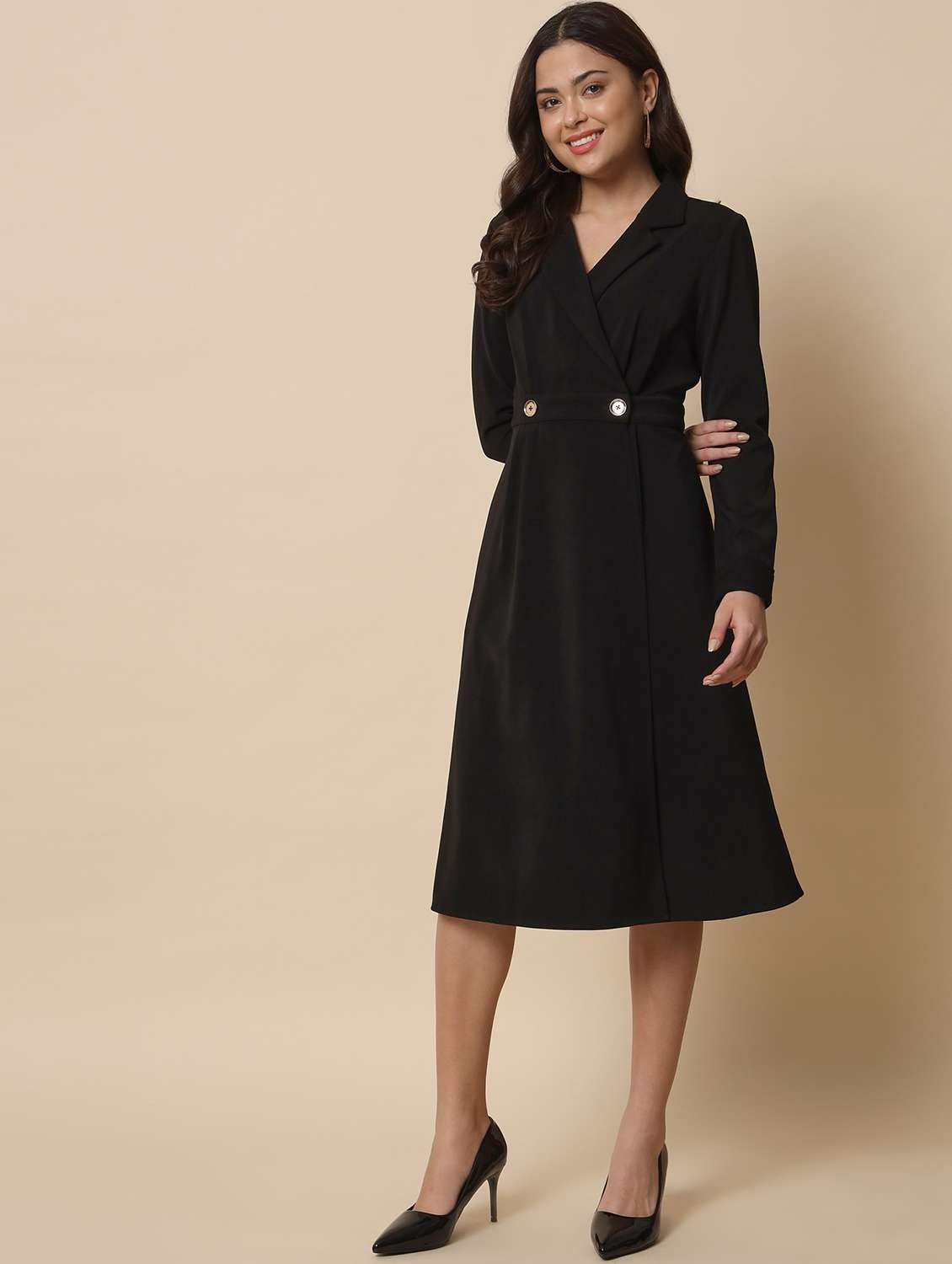 lapel neck solid fit & flare midi dress - 20017618 -  Standard Image - 2