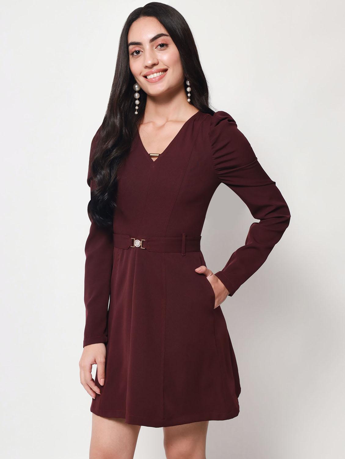 solid fit & flared mini dress with waist belt - 20017621 - Standard Image - 2