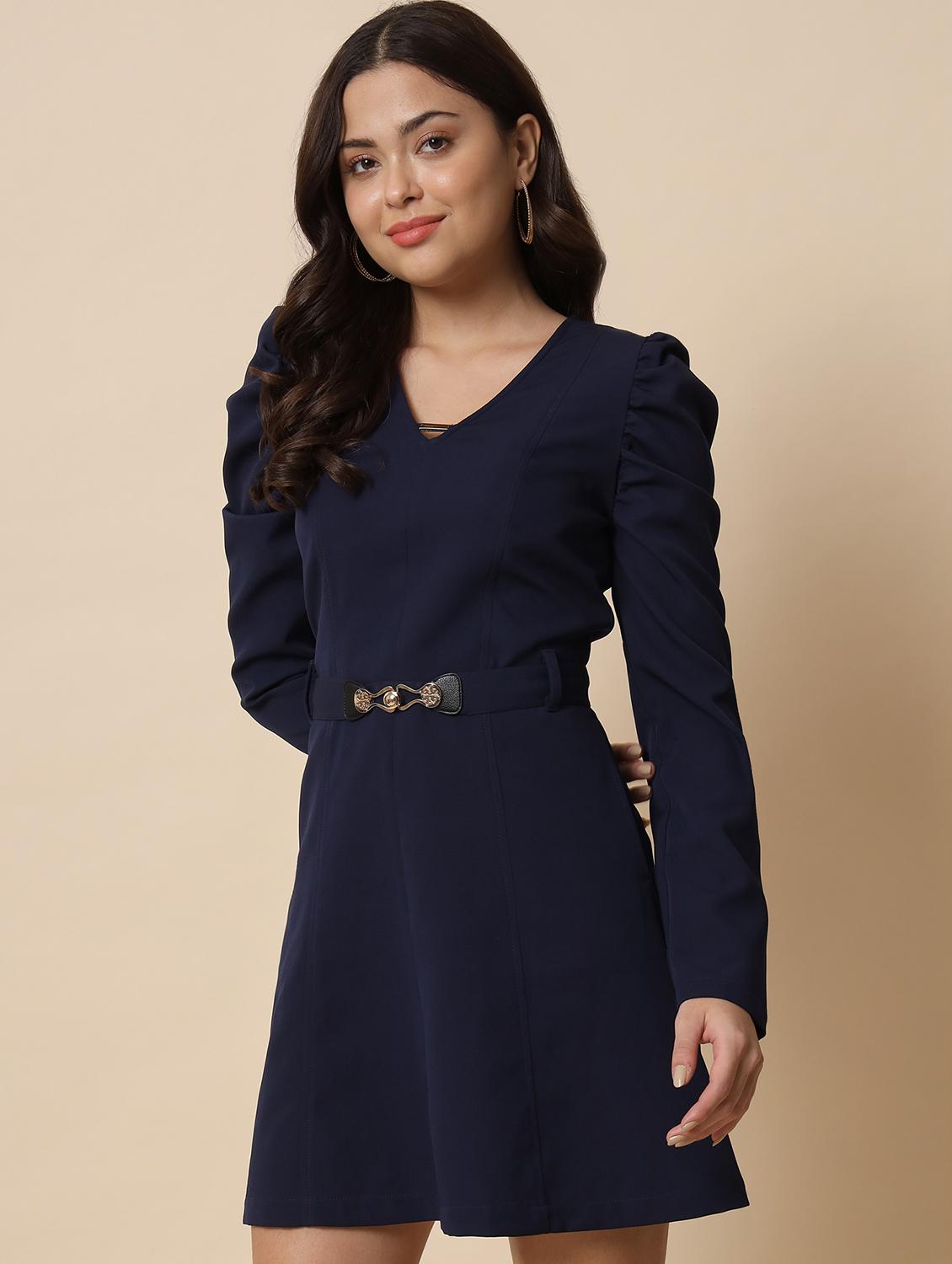 solid fit & flared mini dress with waist belt - 20017622 - Standard Image - 2