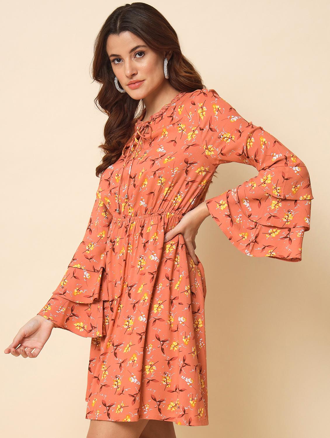 tie-up neck printed fit & flared mini dress - 20017624 - Standard Image - 2