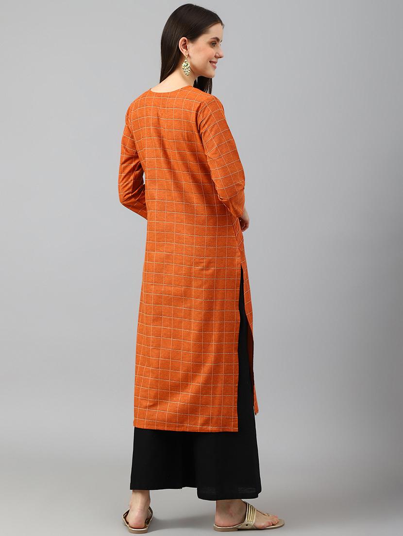orange cotton blend straight kurta - 20018266 - Standard Image - 2