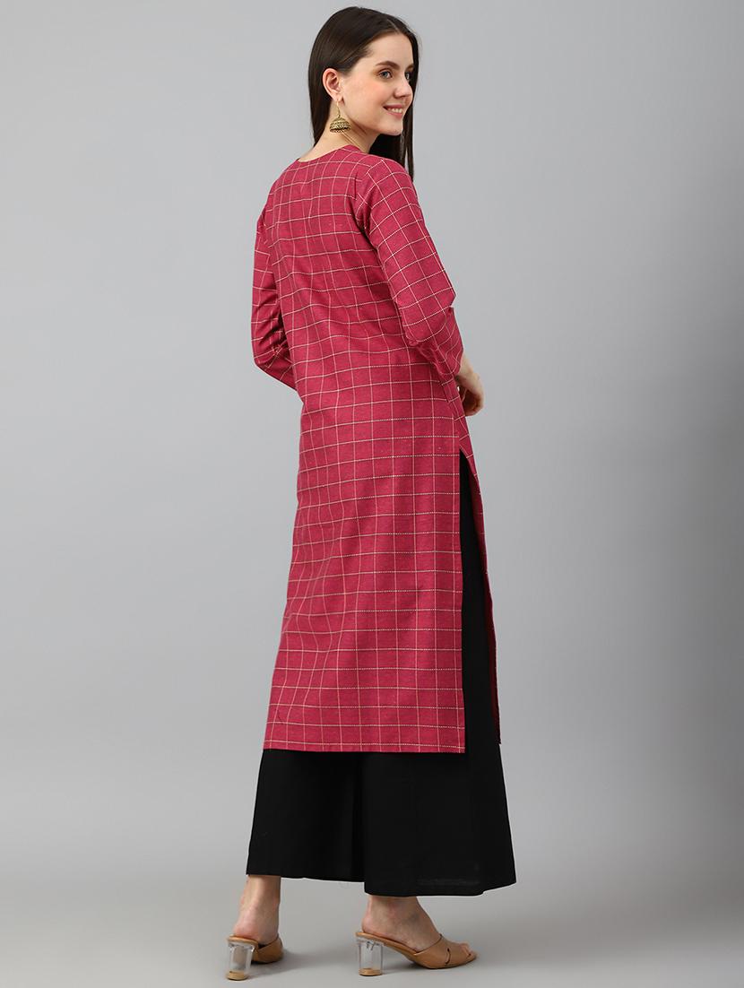 cbeckered cotton blend straight kurta - 20018267 - Standard Image - 2