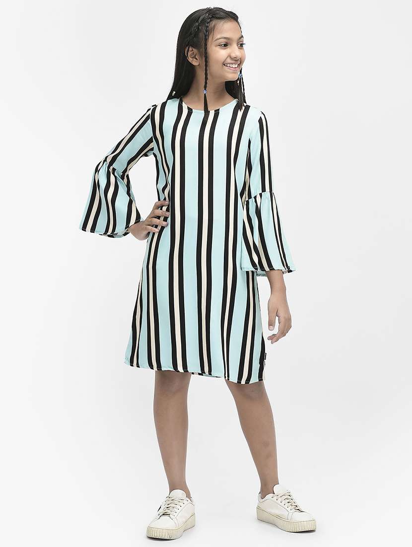 girls light blue round neck bell sleeve dress