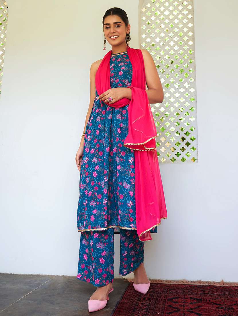 women teal sleeveless kurta palazzo with dupatta set