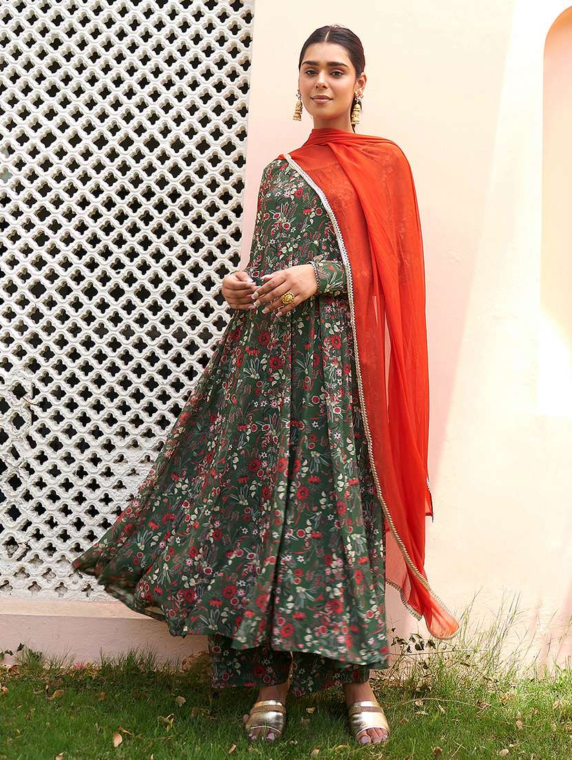 women green long sleeve kurta palazzo set with dupatta